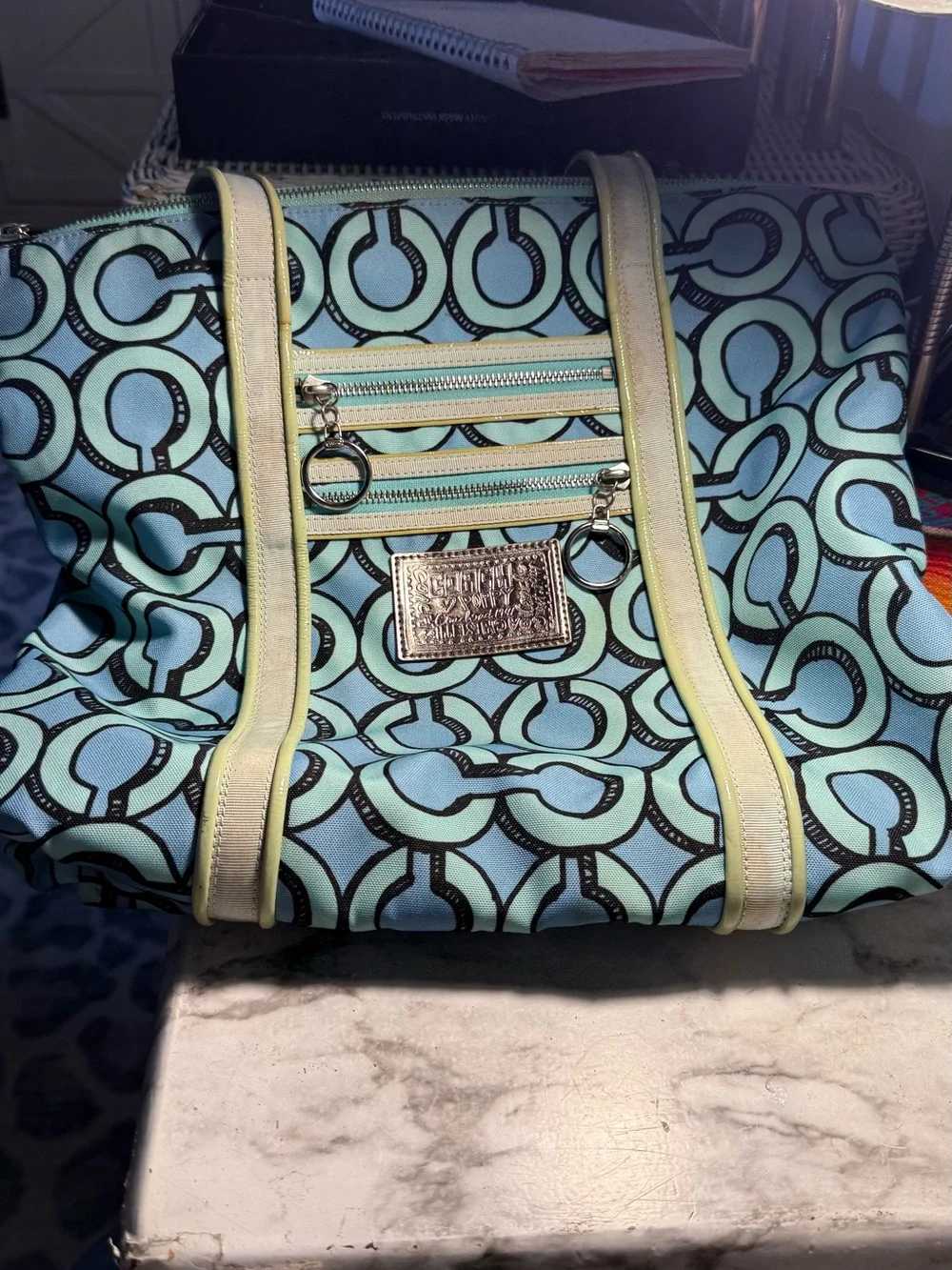Coach Mint and Black Signature Ring-Print Shoulder Bag with Cream Trim